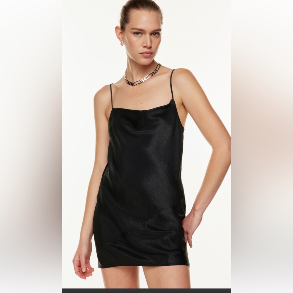 NWT Aritzia Babaton Model Dress. Satin cowl neck minidress in Black. Large.